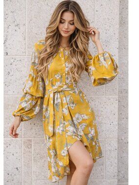 Chriselle Mini Dress Yellow Floral Ruffle Sleeve summer XL